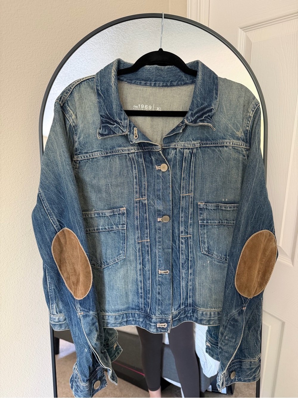 GAP 1969 Denim Jacket w/Brown Elbow Patches and distressed white paint feature